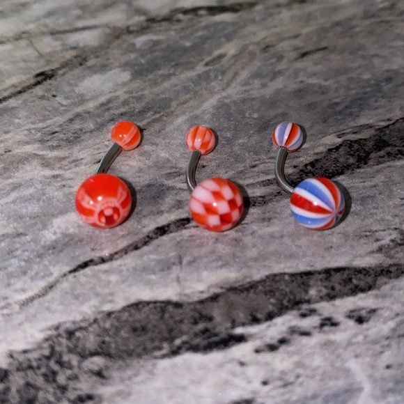 3 Belly Button Ring Set Red White Blue - Picture 2 of 3
